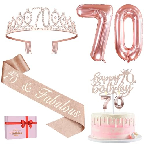 Amosking 70th Birthday Decorations for Women Rose Gold | 70th Birthday Rose Gold Supplies - 70th Birthday Sash, Tiara, Cake Topper, Candles, Balloons, 70 Year Old Gifts for Women