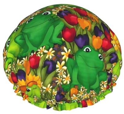 Cartoon-Frosch, wiederverwendbar, doppellagig, wasserdicht, Duschhaube mit elastischer Kordel für Hausreinigung, Gesichtspflege, Dusche