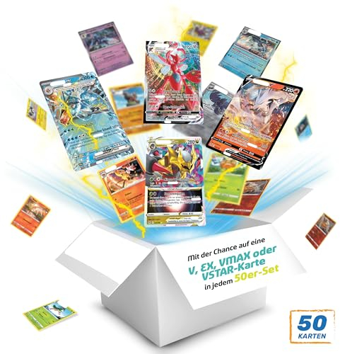 Original Pokemon Karten Set von Tobostop - 50 Verschiedene Neue Deutsche Sammelkarten - 3X Holo-Karten - 1x super seltene V,EX,VMAX Oder VSTAR Pokémonkarte Garantiert