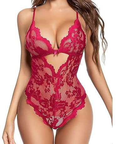 Satohom Women's Sexy One Piece Lace Bodysuit Deep V Neck See Through Teddy Babydoll Lingerie, Lady Naughty Leotard Underwear Sleepwear Backless Negligee Jumpsuit Clubwear for Valentine’s Day