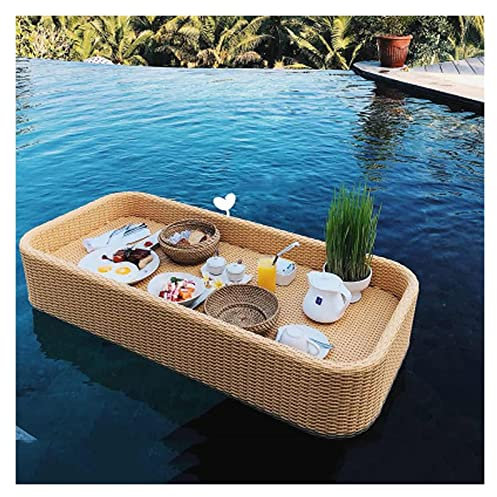 LULUMAIC Luxury Floating Serving Tray Pool Tray Table, Rattan Woven Serving Tray Food Tray with Handles, Rectangle Swimming Pool Floating Tray Luxury Floating Serving Tray Table Bar (Color : Yellow)