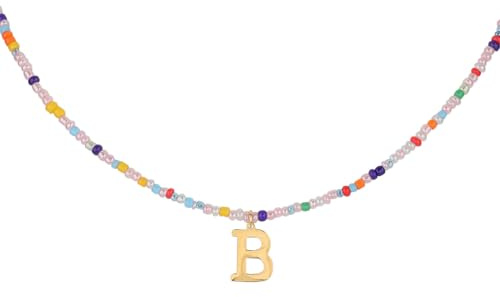 Collar de Cuentas de Colores con Inicial, Collares de Verano Mujeres y Niñas Collar con Colgante de Letra Bohemio Gargantilla con Cuentas Regalos Joyería Hechos a Mano para Adolescentes (B)
