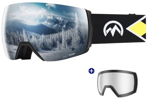 OutdoorMaster Ultra Ski Goggles Lens by ZEISS, OTG Snowboard Goggles Anti-fog Wide View, Magnetic Interchangeable Lens, Snow Goggles for Men & Women(Silver Vlt 17% + ClearLens)