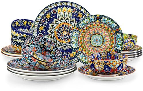 vancasso, Série SIMI, Service de Vaisselle en Porcelaine, 18 Pièces, Service de Table pour 6 Personnes – 6 Assiettes Plates, 6 Assiettes à Dessert, 6 Bols à Céréales, Style Bohème, Vaisselle