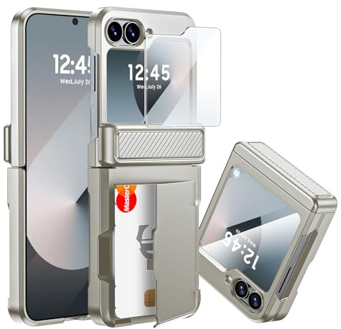 CENMASO for Galaxy Z Flip 7 FE/Z Flip 6 Case Built-in Card Holder, Z Flip 7 FE Wallet Case with Hinge Protection & Screen Protector, Shockproof Protection Case for Galaxy Z Flip 6(Natural Titanium)