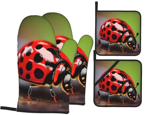CHUNMINW Set di guanti da forno e presine con stampa di coccinelle rosse, 4 pezzi, resistenti al calore, per cucinare 17,8 x 27,9 cm