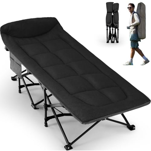 OVERMONT Lettino da Campeggio Brandina Pieghevole - Letto Portatile XL Caricabile Fino 250 kg - Letto Singolo Antiscivolo con Cuscino Borsa di Stoccaggio Borsa Trasporto per Camper Tende Viaggi Nero