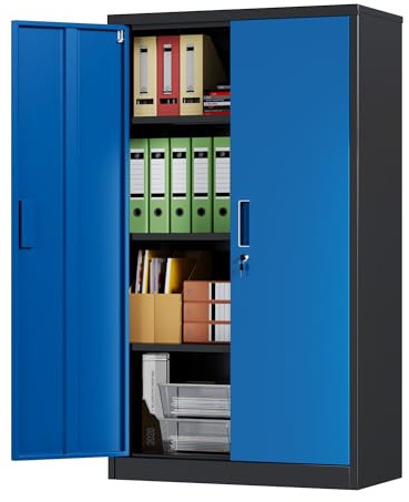 SUPEER Aktenschrank,Metallschrank mit 3 höhenverstellbaren Fachböden | Stahlblech Pulverbeschichtung,Stahlschrank für Werkzeuge,Garage H140cm x W80cm x D40 cm,Schwarz/Blau