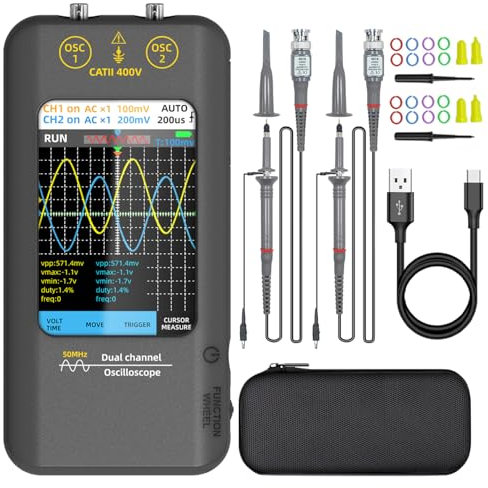 BSIDE Dual Channel Oscilloscope 50MHz Bandwidths Handheld Oscilloscope 3.98'' Touchscreen digital oscilloscope Signal Generator 250MSa/s Sampling Portable Oscilloscope