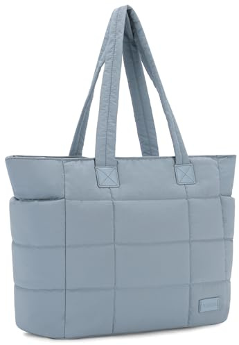 VASCHY Tygväska för kvinnor, lätt quiltad puffer arbetsväska med laptopfack stor puffig handväska för skola/lärare/resor/gym, Ljus stålblå, Large