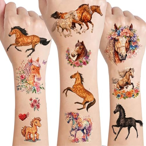 Drookaen Glitter Pferde Tattoos für Kinder, 8 Blätter Hautfreundliche Pferde Tattoos, Pferd Spielzeug Mädchen, Pferde Mädchen Geschenk, Wasserdichte Kindertattoos Aufkleber