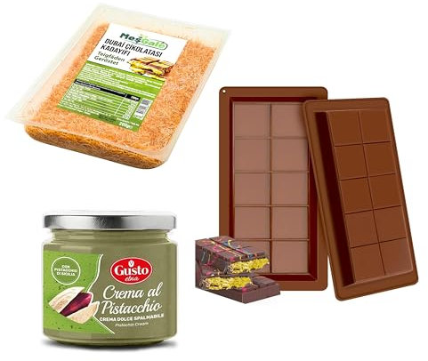 Kadayif 200 g + crema al pistacchio Gusto Etna (190 g) + 2 stampi per cioccolato | Set per cioccolato stile Dubai fai da te
