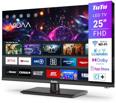 TuTu Smart TV 25 Pollici (64 cm) Full HD LED Televisori con Wi-Fi, Triplo Tuner (DVB-T/T2, DVB-C, DVB-S/S2), App Store, HDMI, USB, Modalità hotel, Piede Centrale