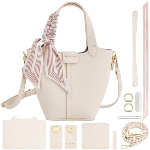 WEBEEDY DIY Leder Eimer Tasche Bastelset Komplett Handtasche Geldbeutel Nähen Handwerksset Mit Handtaschengriffen Schnallen Riemen Selbstgemachte Tasche Für Frauen als Sommerurlaubsgeschenk Beige