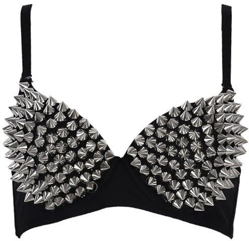 Nieten-BH Punk-Tanz-Performance silberner Metallic-Nieten-BH mit Spikes und verstellbarem Riemen für Clubpartys Tanzbekleidung