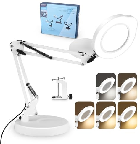 15X Lente Ingrandimento con luce e supporto, lampada d'ingrandimento a LED con morsetto,5 Colore,10 Luminosità,braccio girevole a 360° lampada con lente d'ingrandimento per Lettura,Riparazione(WH)