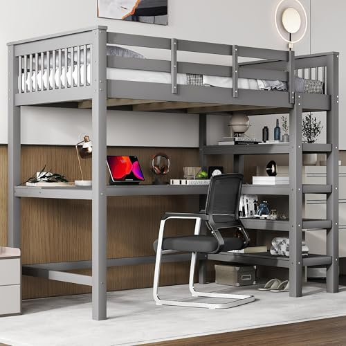 RIAZOS Kinderbett 90x200 cm, Hochbett mit Schreibtisch, Etagenbett mit Ablagefächern, Spielbett für Kinder Jugendbett Stockbett, Bettrahmen für Teenager und Erwachsene, Grau