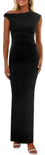 Hanaoops Women's Summer Maxi Dress Sexy Sleeveless Bodycon Round Neck Long Dresses Elegant Off Shoulder Slit Dress for Party Wedding Cocktail Evening Black