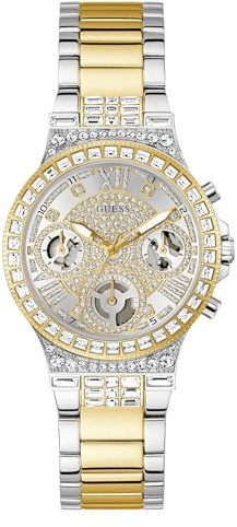 Guess Damen Armbanduhr Moonlight mit Datumsanzeige, Zirkonia, Bicolor Edelstahlarmband, Mineral Glas, Bicolor Ziffernblatt, 3 Bar, Gehäusedurchmesser: 36 mm, GW0320L7