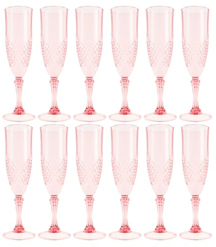 12Pcs Plastic Champagne Flutes Pink 207ml/ 7OZ Reusable Champagne Flutes Glass Unbreakable Flat Bottom Goblet Easy to Carry for Cocktail, Wine, Weddings, Birthdays, Christmas, Garden Party