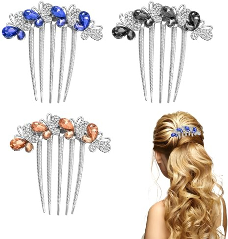 Zimoer 3 Stück Strass Haarkämme zum Stecken für Frauen und Mädchen, Schmetterlinge Blumen Haar Steckkamm 5 Zähne Metall Strass Seitenkämme in 3 Farben, Haarschmuck für Hochzeit und Alltag