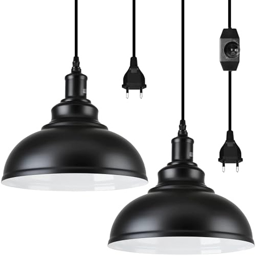 2 Stück Hängelampe mit Stecker Dimmbar Vintage Pendelleuchte Schwarz, Ø26CM | E27 Lampefassung mit 4.5m Kabel & Dimmer Schalter, Metall Hängeleuchte, Lampe Hängend für Outdoor & Innen Küche Garten Balkon
