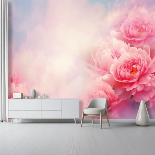 Carta da Parati Non Tessuta 150 x 105 cm, Fiori Sognanti Acquerello Peonie Stampa Carta da Parati per Decorazione Murale - Rosa Chiaro Mural per Pareti Della Camera da Letto Soggiorno