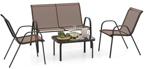 COSTWAY Set Tavolo e Poltrona da Giardino, Set di Mobili 4 Pezzi per Esterno, con Tavolino in Vetro Temperato, Panca e 2 Poltrone, per Giardino Balcone Piscina (Marrone)