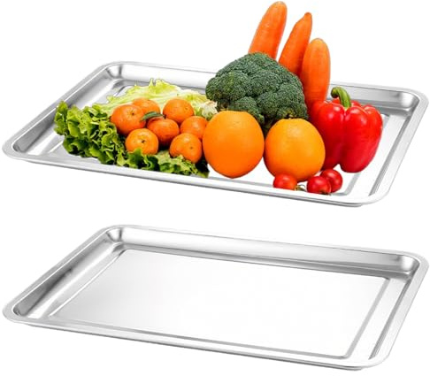 NIVRAIN 2 Stück Serviertabletts aus Edelstahl, Servierplatte Groß, Dicke 0,5 Cm, 27 * 20 * 2 Cm, Verstärktes Rechteckiges Servierteller, Geeignet für die Küchenvorbereitung, Partys, Familienfeiern