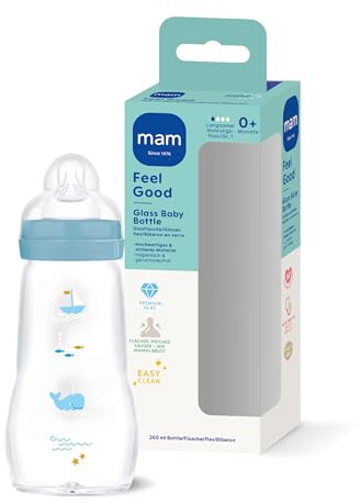 MAM Feel Good Glasflasche 260 ml, 94% Akzeptanz, Sauger Gr. 1, Wal | Babyflasche aus Premiumglas, hitzebeständig & geschmacksneutral, SkinSoft Sauger fast wie beim Stillen, weite Öffnung