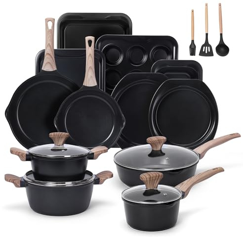 LEADKooKers 19 Piece Pots and Pans Set Non Stick, Kitchen Cookware and Bakeware Set, Induction Hob Pan Set, Saucepan Set with Lids, Frying Pans, Muffin Tray & Utensils