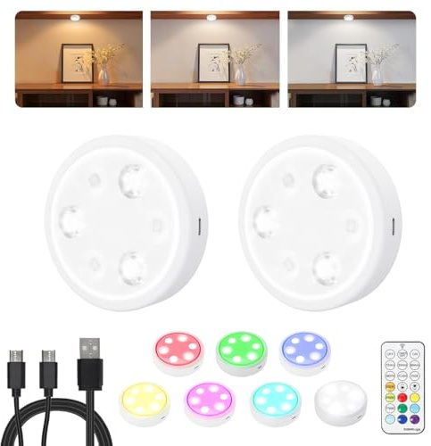 USB Aufladbar LED Spot Akku, 2000mAh Aufladbar Puck Lights mit Fernbedienung, 7 RGB und 3000K/4500K/6000K Vitrinenbeleuchtung, Magnetische Dimmbare Schrankbeleuchtung für Schränke, Küche, Regale