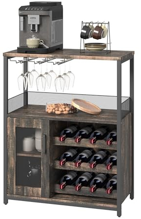 GarveeHome Weinschrank Industrial Mit Verstellbarem Weinregal Und Glashalter, Getränkeaufbewahrung Für Küche, Esszimmer Und Wohnzimmer, Feuerverbrannt, 69×35×92 cm