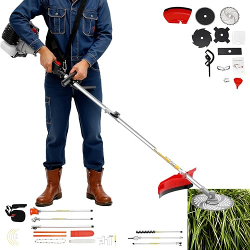 52cc 2-Takt Benzin Motorsense, 1,7kW Freischneider mit 7 Aufsätzen (Mähkopf, Sägeblätter, Diamantblatt), Multifunktions-Trimmer für Unkraut, Büsche, Gras – Gartenarbeit