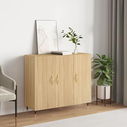 Fecpoo Sideboard Holzwerkstoff 90 cm breit in Sonoma-Eiche, stabile Metallbeine, 80 cm hoch – Zeitloses Sideboard für Wohnzimmer & Flur