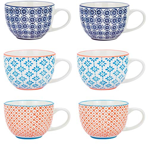 Nicola Spring Cappuccino Cups Set - 250ml - Pack of 6-3 Coloured Hand Printed Tea Cup Coffee Cappuccino Mugs Latte Drinking Mug Tea Saucer Plates for Breakfast, Lunch, Brunch