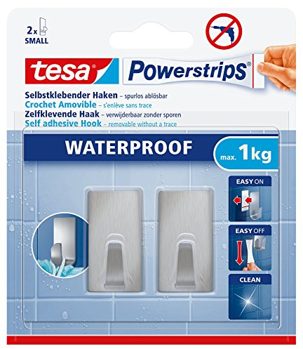 tesa Powerstrips Haken Waterproof S Metall eckig - selbstklebender Wandhaken für Küche und Bad, groß - Handtuchhaken aus Edelstahl, silber matt - belastbar bis zu 1 kg, 2 Stück