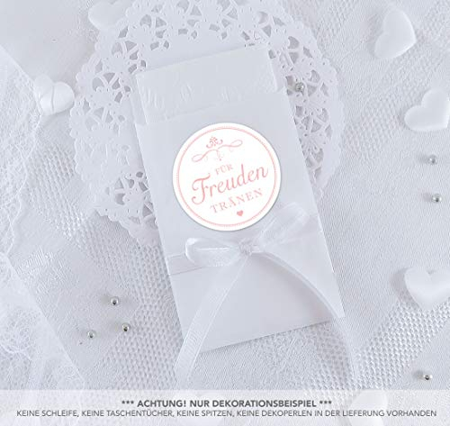 Freuden Tränen Taschentücher Set zur Hochzeit Groß 48 Sticker + 48 weiße Flachbeutel - 63 x 93 mm für Freudentränen Taschentuch Verpackungen Aufkleber WEIß ROSA ORNAMENTE