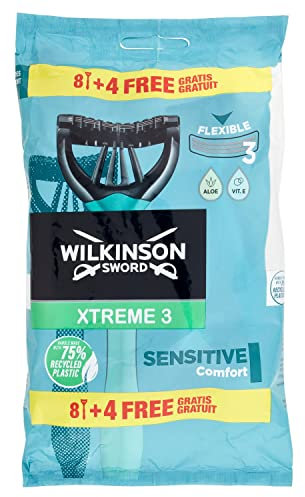 Wilkinson Sword Xtreme 3 Sensitive, 12 Einwegrasierer mit 3 flexiblen Klingen, ultraleichtem Gummigriff, Vitamin E & Aloe Vera Gleitstreifen, für Herren mit empfindlicher Haut, Blau, Schwarz