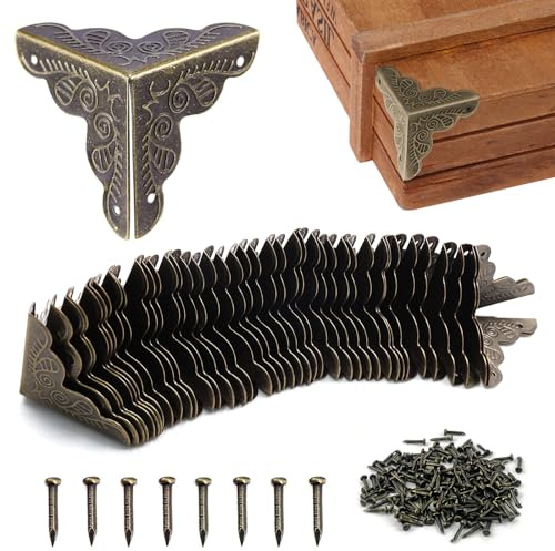 cersaty® 40pcs Coin Vintage,Coin Meuble Metal Antique,Coins de protection pour caisses et meubles Style Vintage,Aspect Bronze Meubles Décoratifs,Comprend 160 Clous-25x35mm