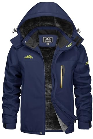 KEFITEVD Chaqueta de invierno para hombre, resistente al agua, con forro cálido, chaqueta de esquí, chaqueta de trabajo con capucha desmontable, Azul y negro., XXL