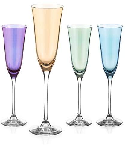DIAMANTE Coloured Champagne Flute Glasses - ‘Kate Colour Selection’ Lustre Painted and Assorted Coloured Crystal Glasses - Set of 4 (Purple, Coral, Emerald Green, Aqua)
