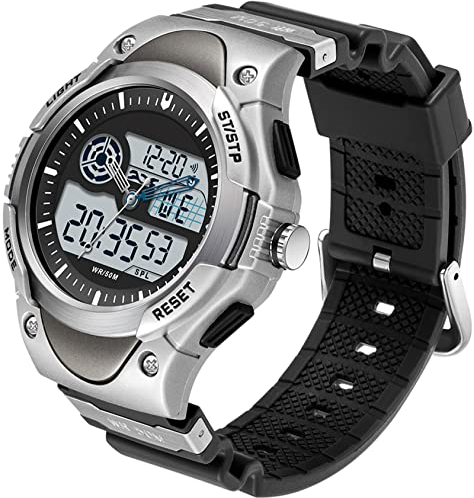 findtime Orologio da polso da uomo, militare, 5 ATM, impermeabile, da uomo, sportivo, con cronometro, sveglia, data, analogico, digitale, per uomini, ragazzi, a LED, argento, cinghie