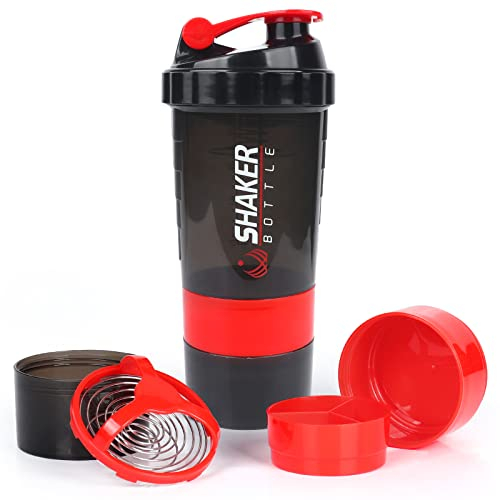XSUPER Protein Shaker with 3-Compartment Storage - 16oz Twist-Off Cup for Supplements & Pills, Leak Proof Gym Sports Bottle, Red