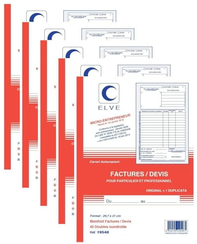 ELVE Lot de 5 Manifolds AUTO-ENTREPRENEUR Factures/Devis A4 40 feuilles Dupli