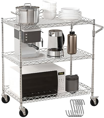 VEVOR Küchenwagen, 3 Ebenen Laborwagen mit 300 kg Kapazität, Chrom Servierwagen Abräumwagen, Transportwagen Aufbewahrungswagen mit Vertiefter Korb & 6 Haken, für den Innen- und Außenbereich