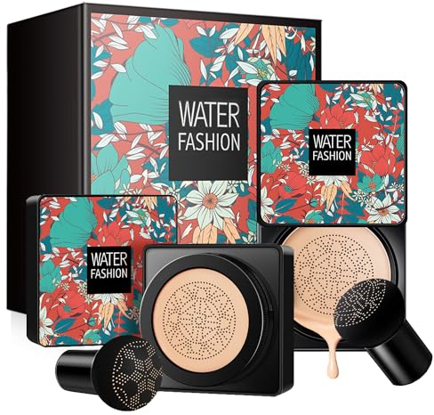 2PCS Air Cushion CC Cream Flawless Colour Changing Foundation Makeup Base BB Cream Warm Skin Tone Nude Face Moisturizing Full Cover Concealer Long-Lasting, (Mushroom Shape) Puff (Natural)