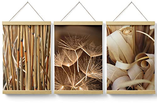Feeby Posterleiste Set 3 Bilder Boho Pusteblume Wald 60x90 cm Eiche Magnetische Poster-Hänger Posterhalter Posterschiene Posterrahmen Wohnzimmer Schlafzimmer Bild Bilder Hirsh Holz Natur Beige