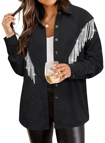 WIEIYM Damen Glitzer Jacke Rhinestones Fransen Knöpfen Jeansjacke Konzert Outfits Langarm Quasten Tshirt Pailletten College Party Jacken