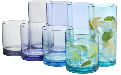 US Acrylic Classic Plastic Reusable Drinking Glasses (Set of 8) 12oz Rocks & 16oz Water Cups in Coastal Colors | BPA-Free Tumblers, Made in USA | Top-Rack Dishwasher Safe